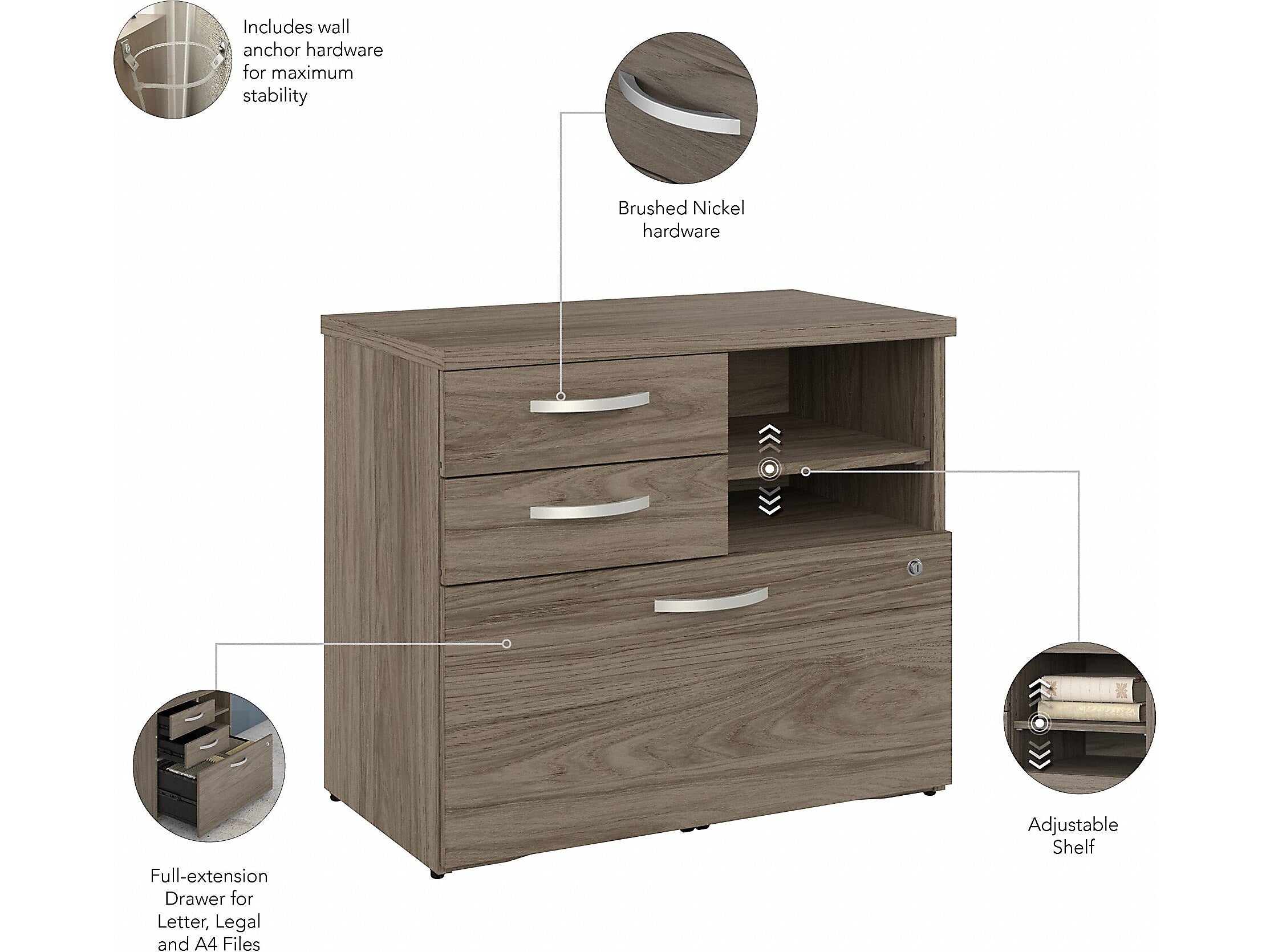 Bush Business Furniture Hybrid 26" Office Storage Cabinet with Drawers and 2 Shelves, Modern Hickory