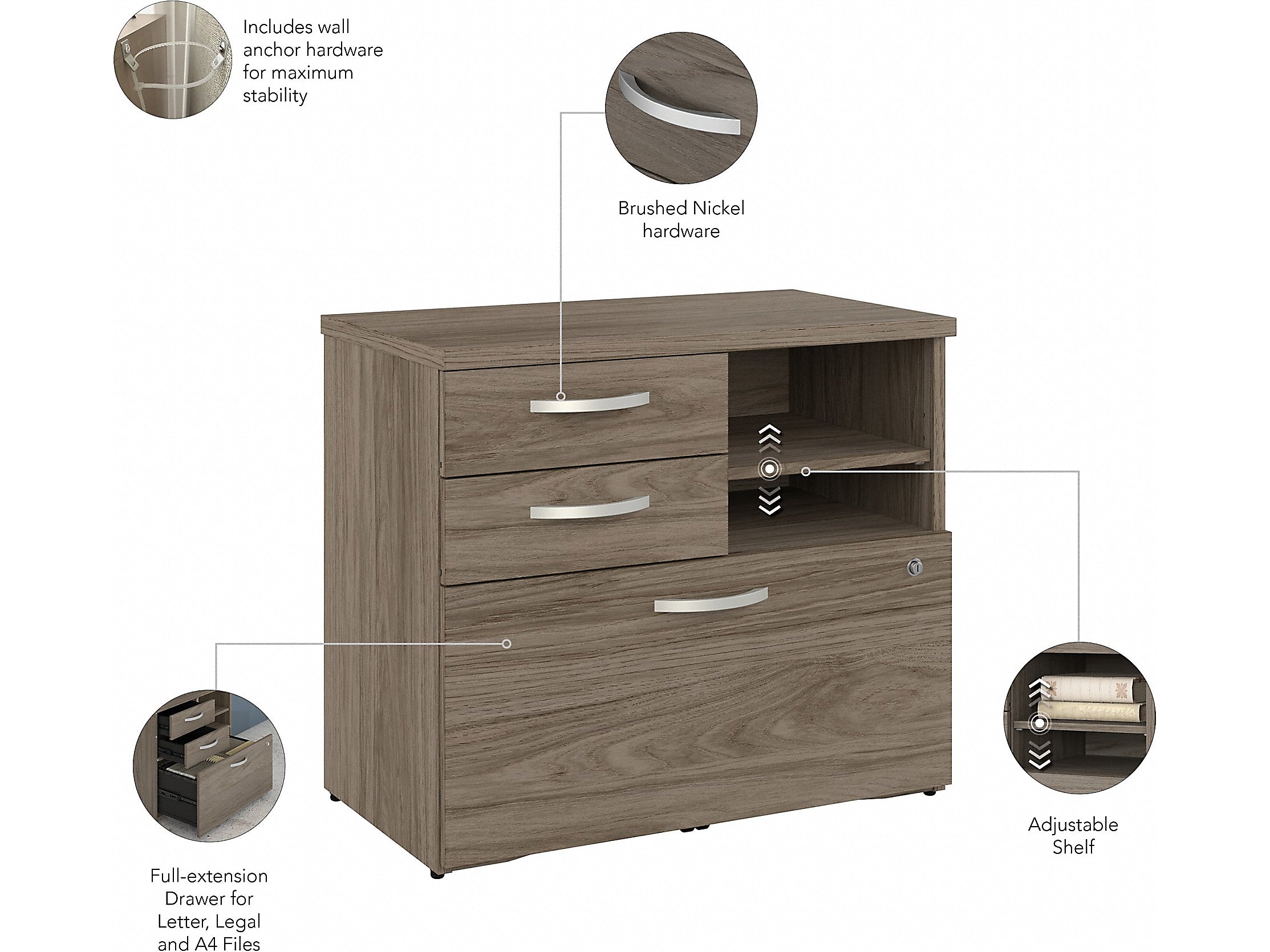 Bush Business Furniture Hybrid 26" Office Storage Cabinet with Drawers and 2 Shelves, Modern Hickory