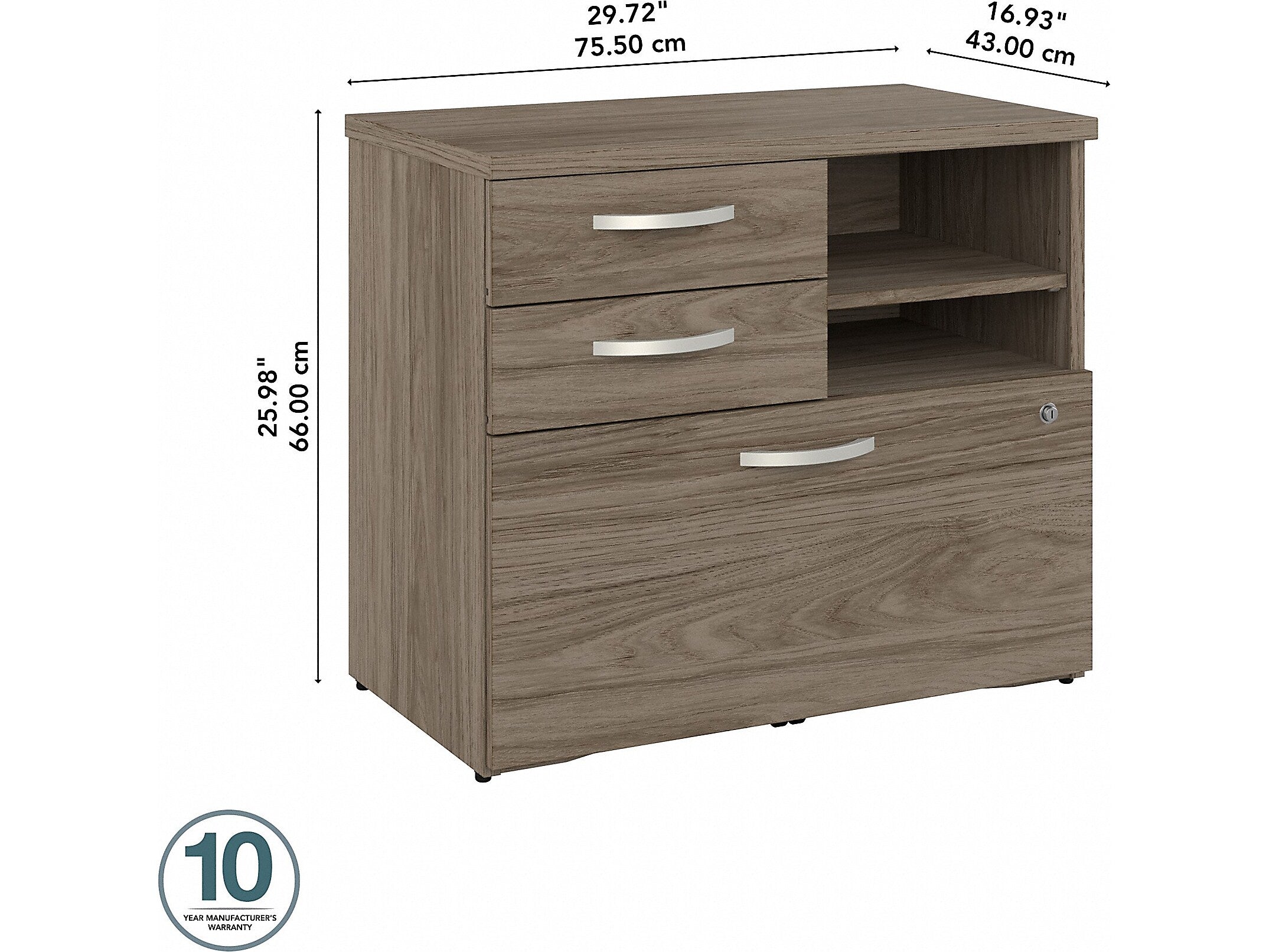 Bush Business Furniture Hybrid 26" Office Storage Cabinet with Drawers and 2 Shelves, Modern Hickory