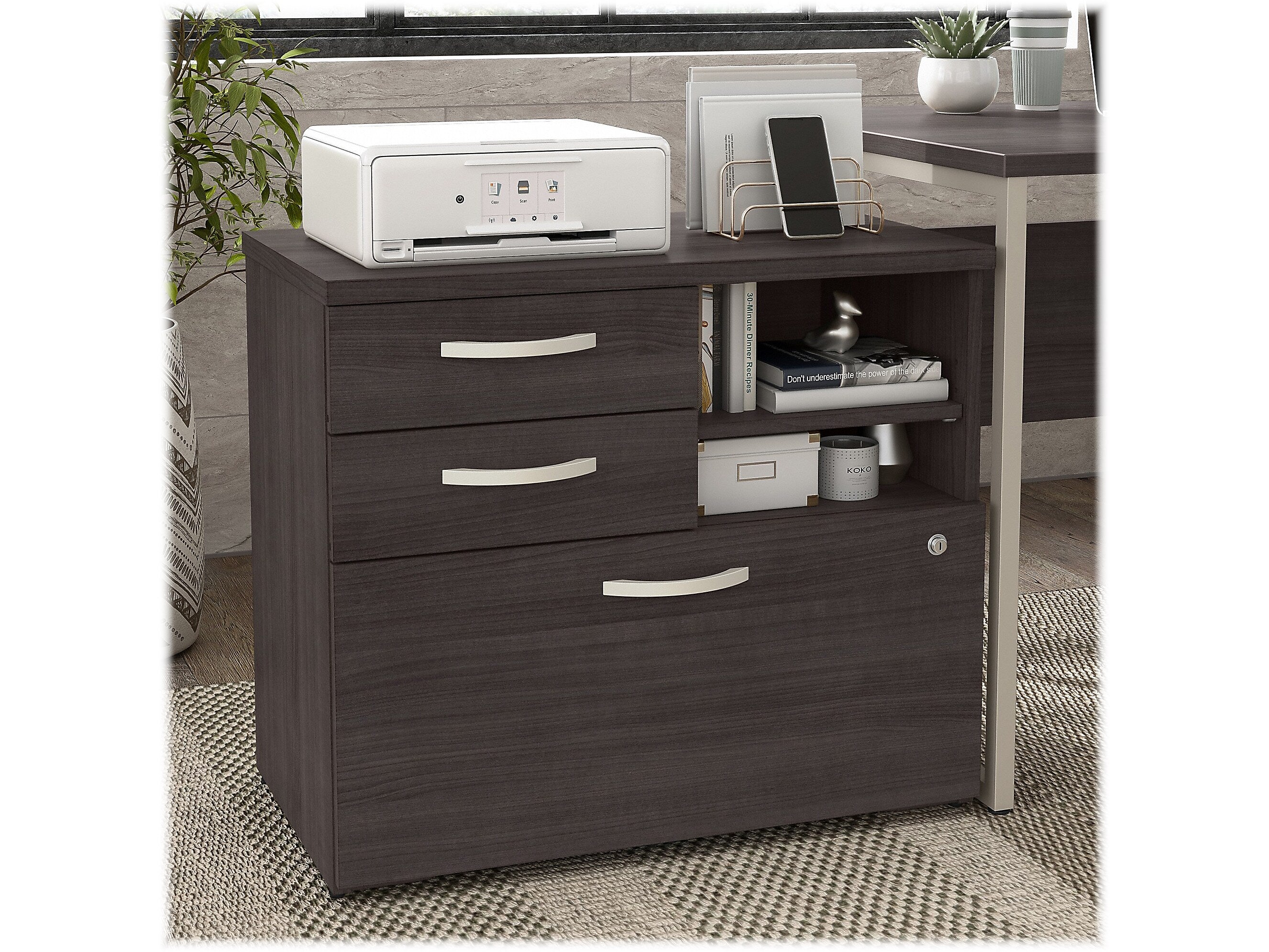 Bush Business Furniture Hybrid 26" Office Storage Cabinet with Drawers and 2 Shelves, Storm Gray