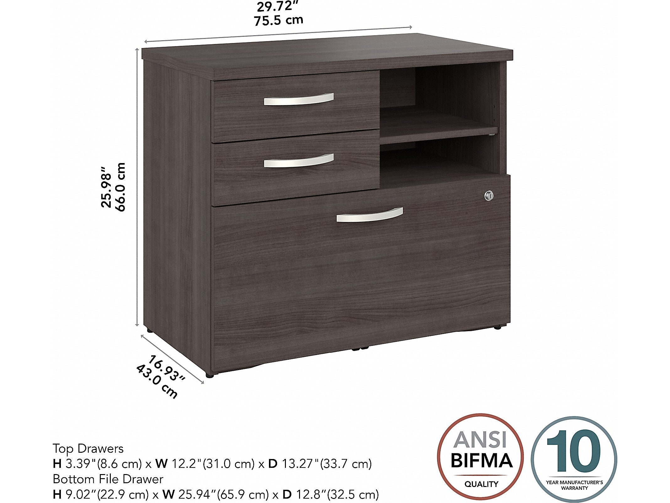 Bush Business Furniture Hybrid 26" Office Storage Cabinet with Drawers and 2 Shelves, Storm Gray