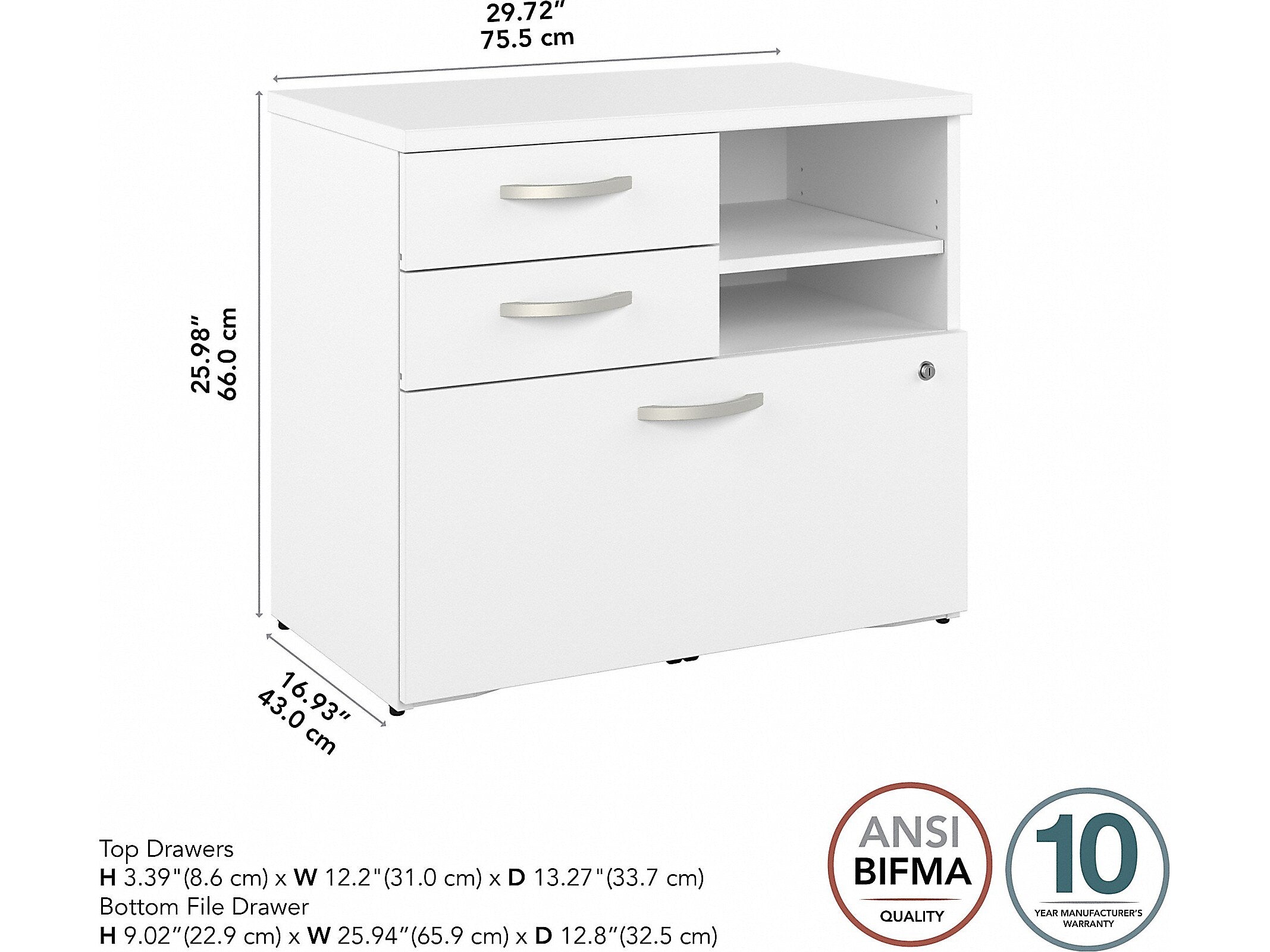 Bush Business Furniture Hybrid 26" Office Storage Cabinet with Drawers and 2 Shelves, White