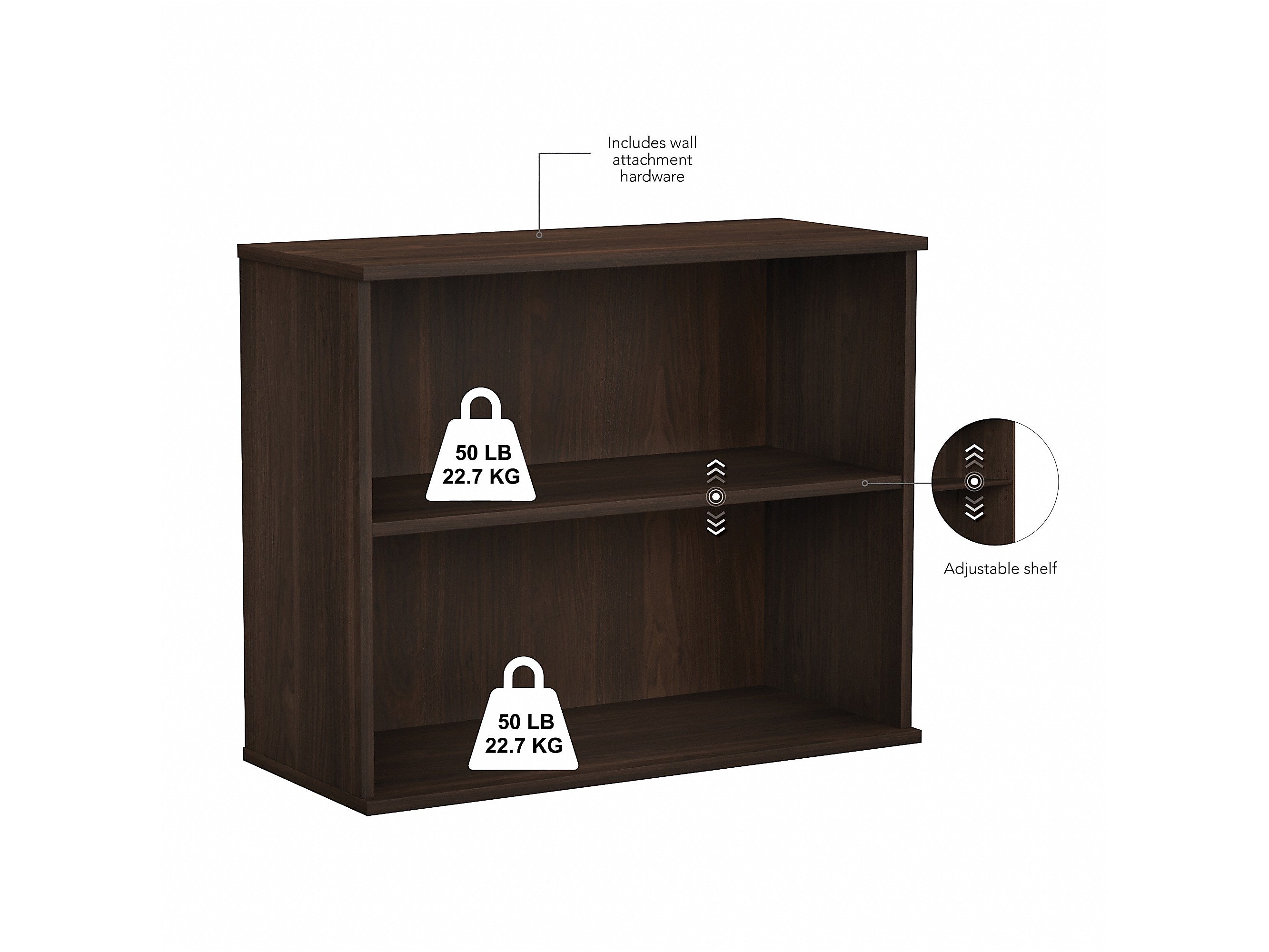 Bush Business Furniture Hybrid 29"H 2-Shelf Bookcase with Adjustable Shelf, Black Walnut Laminated Wood