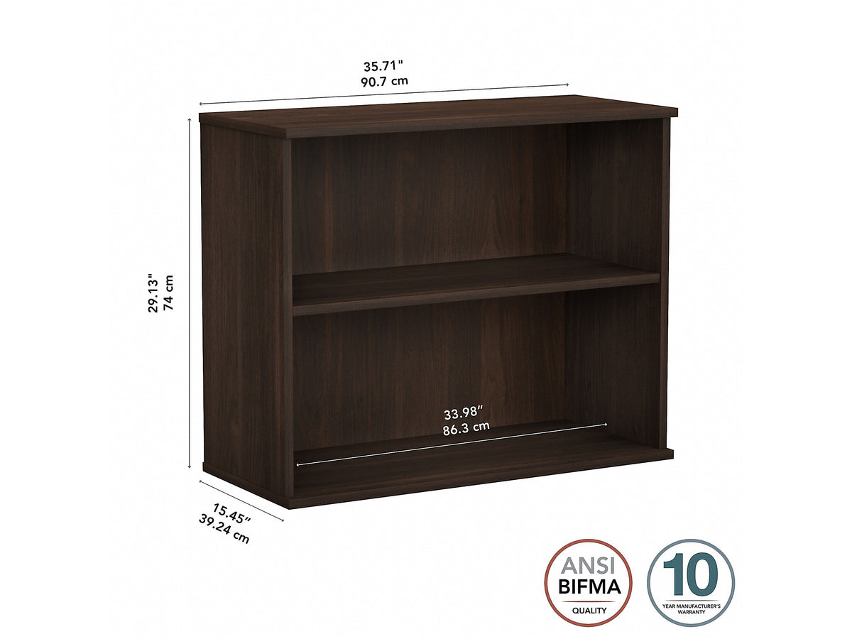 Bush Business Furniture Hybrid 29"H 2-Shelf Bookcase with Adjustable Shelf, Black Walnut Laminated Wood