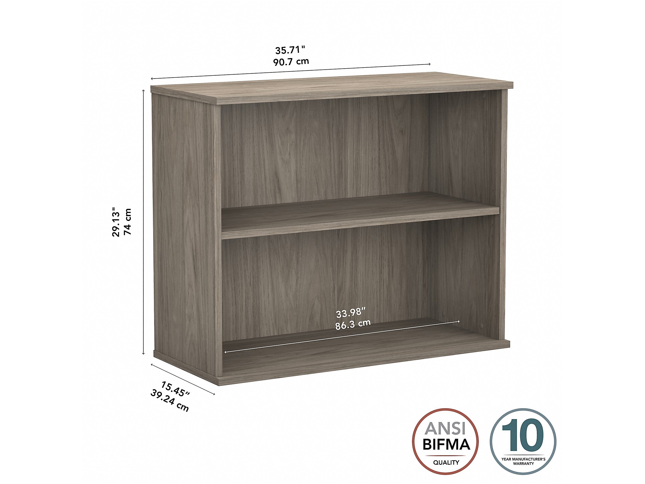 Bush Business Furniture Hybrid 29"H 2-Shelf Bookcase with Adjustable Shelf, Modern Hickory Laminated Wood