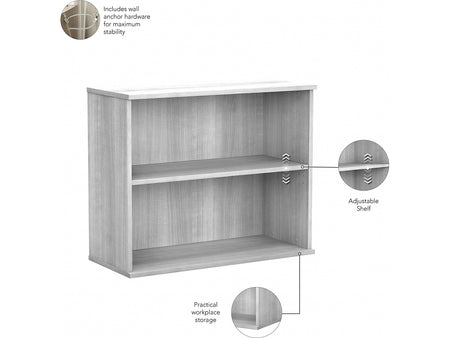 Bush Business Furniture Hybrid 29"H 2-Shelf Bookcase with Adjustable Shelf, Platinum Gray Laminated Wood