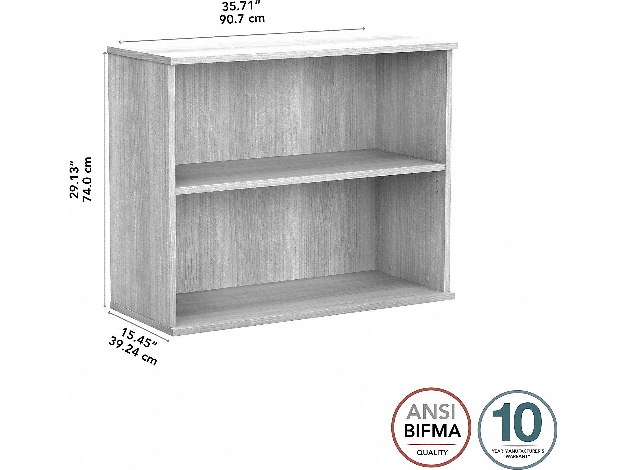 Bush Business Furniture Hybrid 29"H 2-Shelf Bookcase with Adjustable Shelf, Platinum Gray Laminated Wood