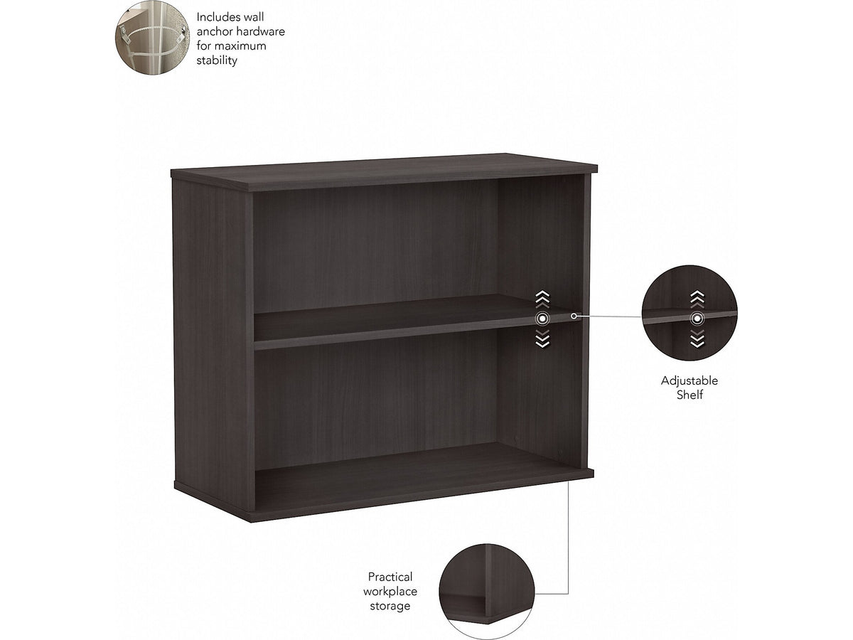 Bush Business Furniture Hybrid 29"H 2-Shelf Bookcase with Adjustable Shelf, Storm Gray Laminated Wood