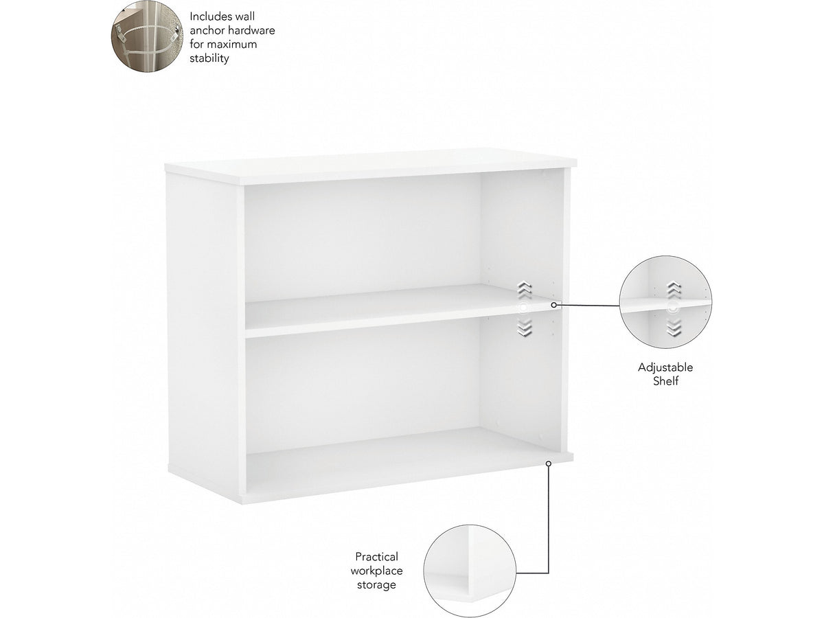 Bush Business Furniture Hybrid 29"H 2-Shelf Bookcase with Adjustable Shelf, White Laminated Wood