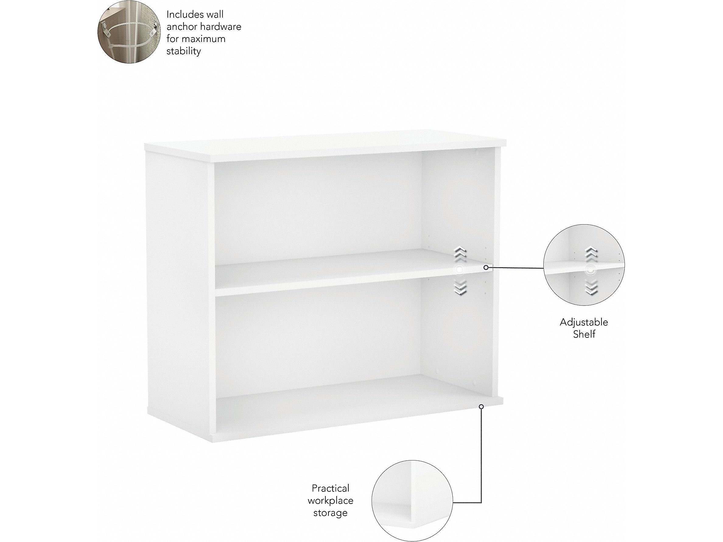 Bush Business Furniture Hybrid 29"H 2-Shelf Bookcase with Adjustable Shelf, White Laminated Wood