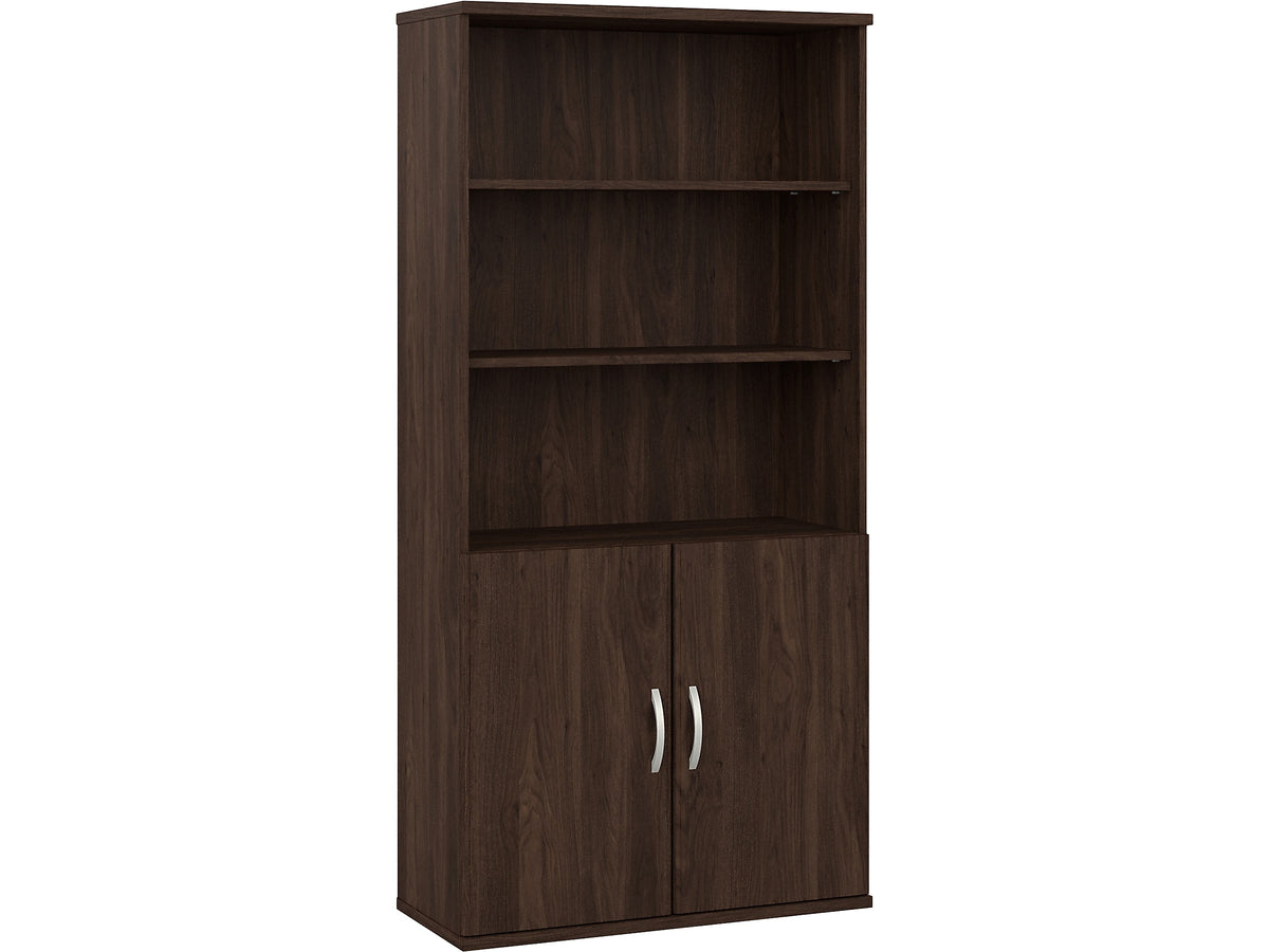 Bush Business Furniture Hybrid 73"H 5-Shelf Bookcase with Doors, Black Walnut Laminated Wood