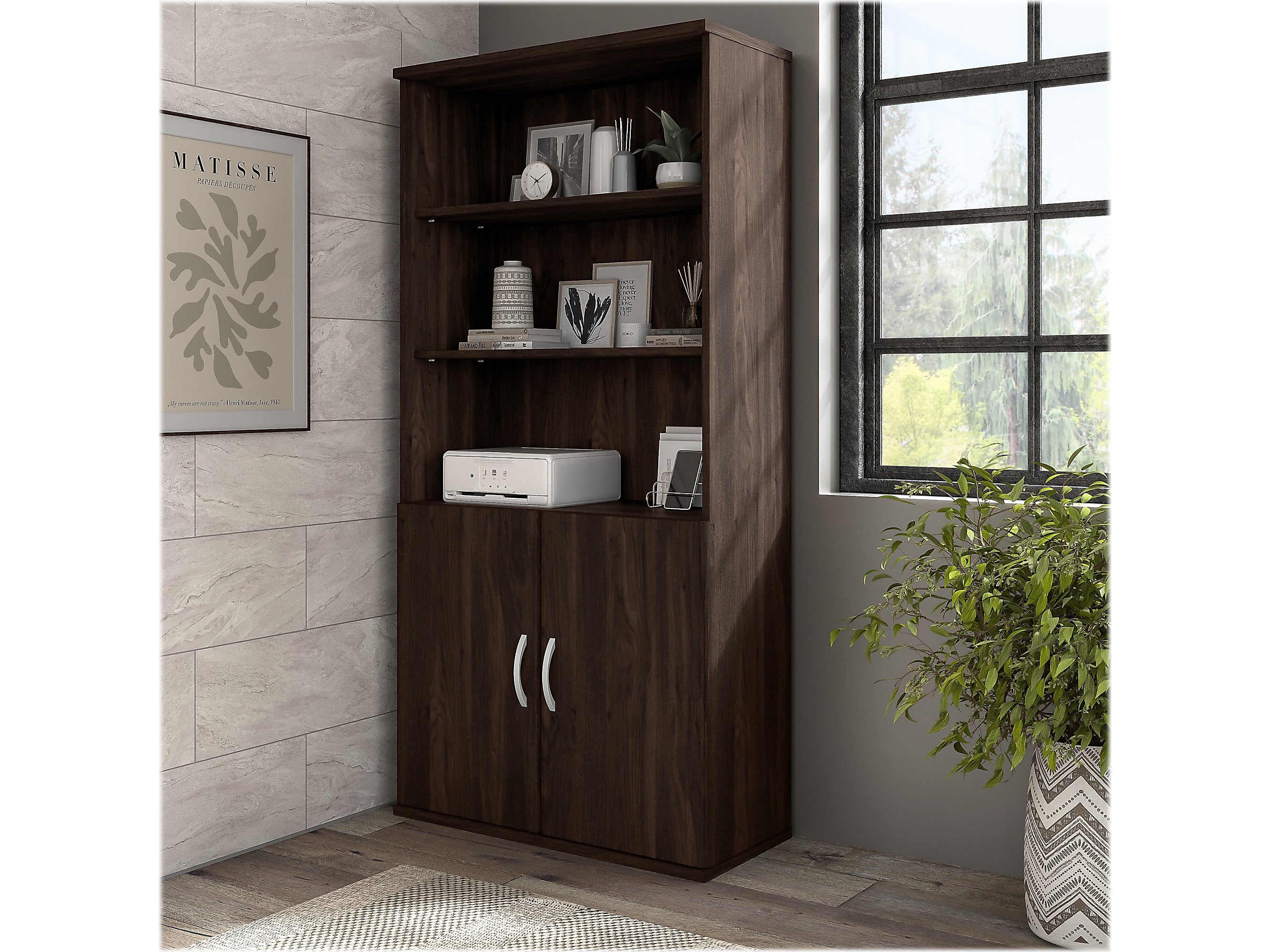 Bush Business Furniture Hybrid 73"H 5-Shelf Bookcase with Doors, Black Walnut Laminated Wood