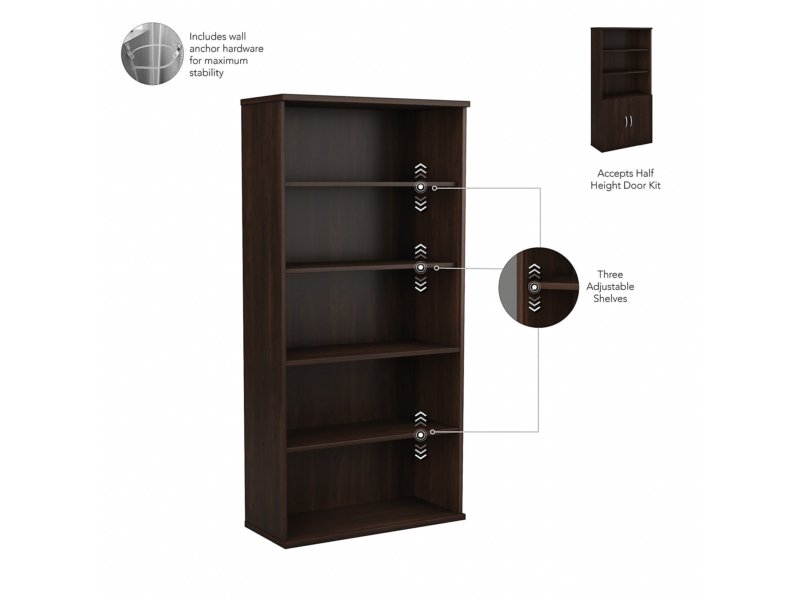 Bush Business Furniture Hybrid 73"H 5-Shelf Bookcase with Doors, Black Walnut Laminated Wood