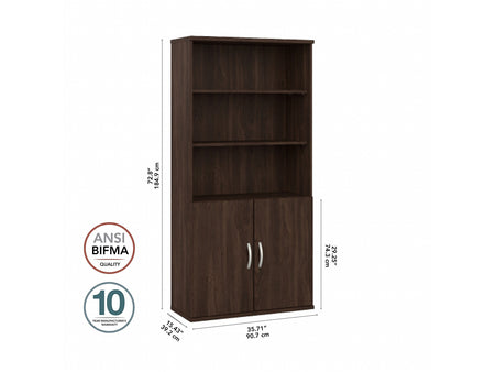 Bush Business Furniture Hybrid 73"H 5-Shelf Bookcase with Doors, Black Walnut Laminated Wood