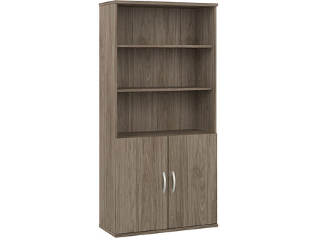 Bush Business Furniture Hybrid 73"H 5-Shelf Bookcase with Doors, Modern Hickory Laminated Wood