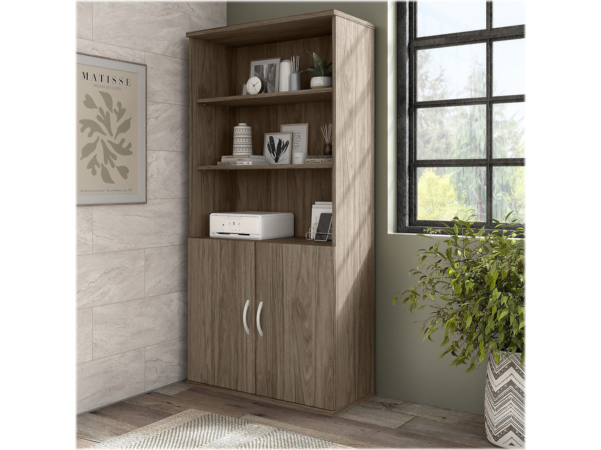 Bush Business Furniture Hybrid 73"H 5-Shelf Bookcase with Doors, Modern Hickory Laminated Wood