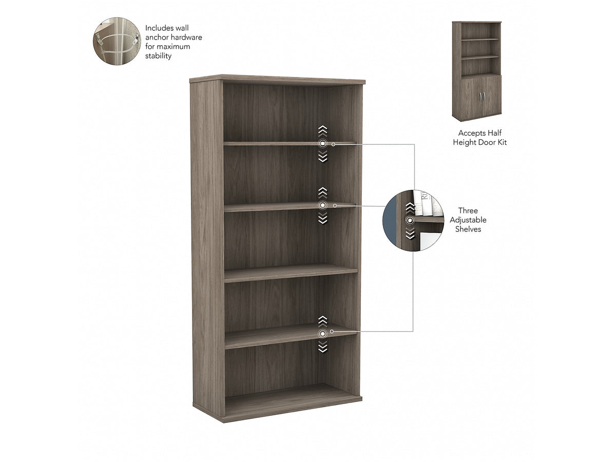 Bush Business Furniture Hybrid 73"H 5-Shelf Bookcase with Doors, Modern Hickory Laminated Wood