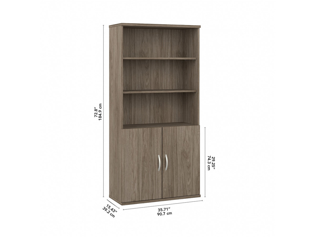 Bush Business Furniture Hybrid 73"H 5-Shelf Bookcase with Doors, Modern Hickory Laminated Wood