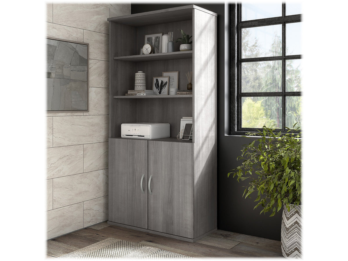 Bush Business Furniture Hybrid 73"H 5-Shelf Bookcase with Doors, Platinum Gray Laminated Wood