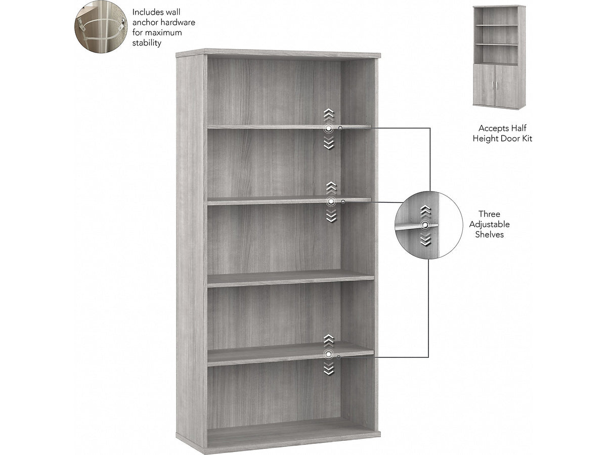 Bush Business Furniture Hybrid 73"H 5-Shelf Bookcase with Doors, Platinum Gray Laminated Wood