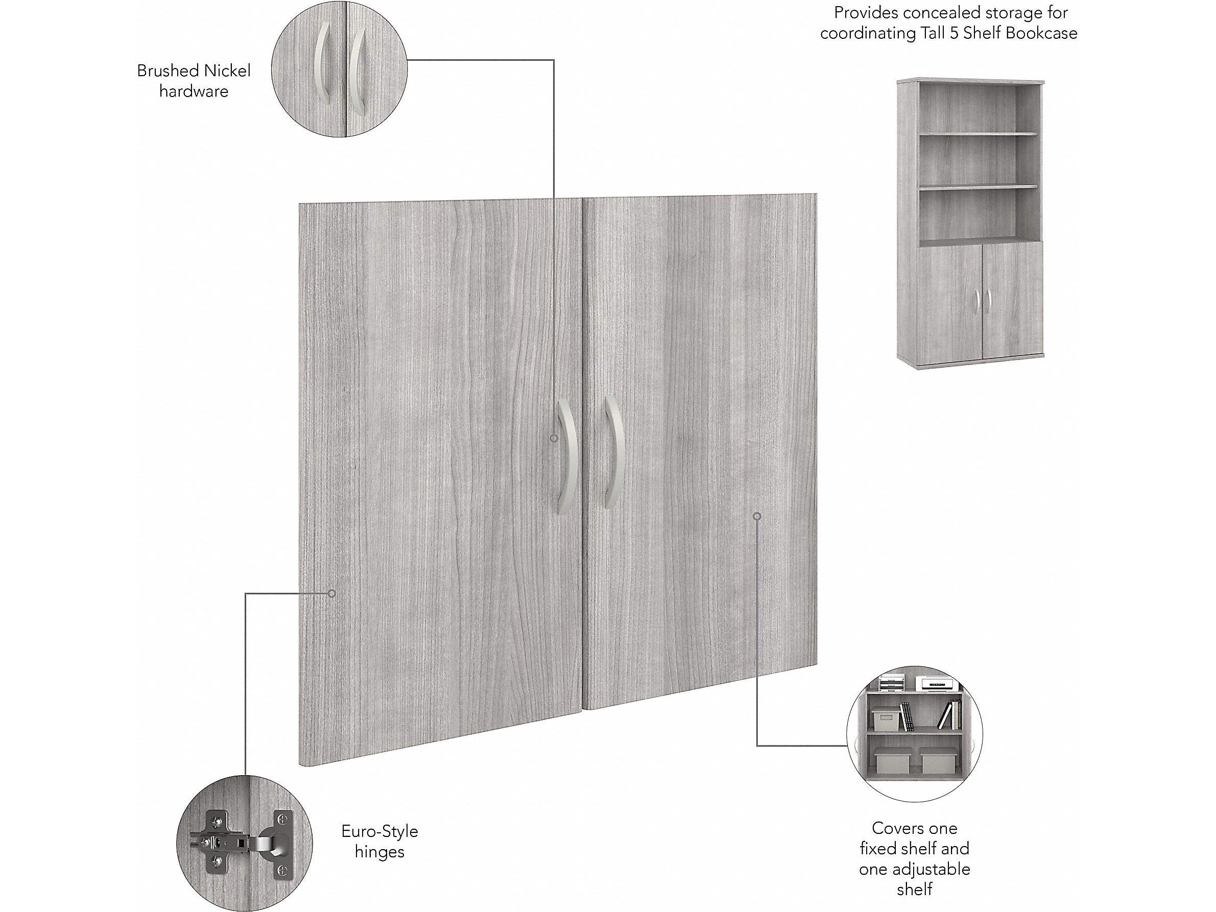 Bush Business Furniture Hybrid 73"H 5-Shelf Bookcase with Doors, Platinum Gray Laminated Wood