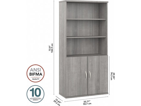 Bush Business Furniture Hybrid 73"H 5-Shelf Bookcase with Doors, Platinum Gray Laminated Wood