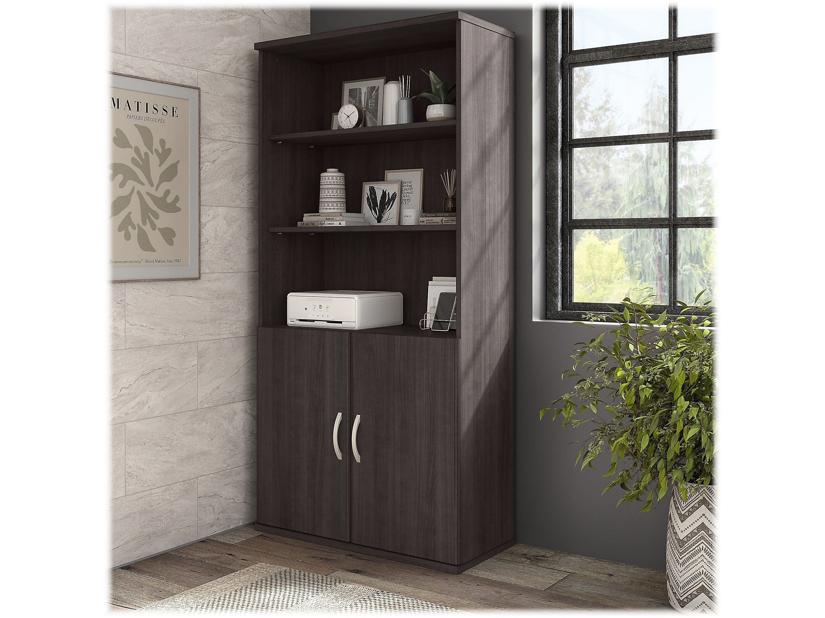 Bush Business Furniture Hybrid 73"H 5-Shelf Bookcase with Doors, Storm Gray Laminated Wood