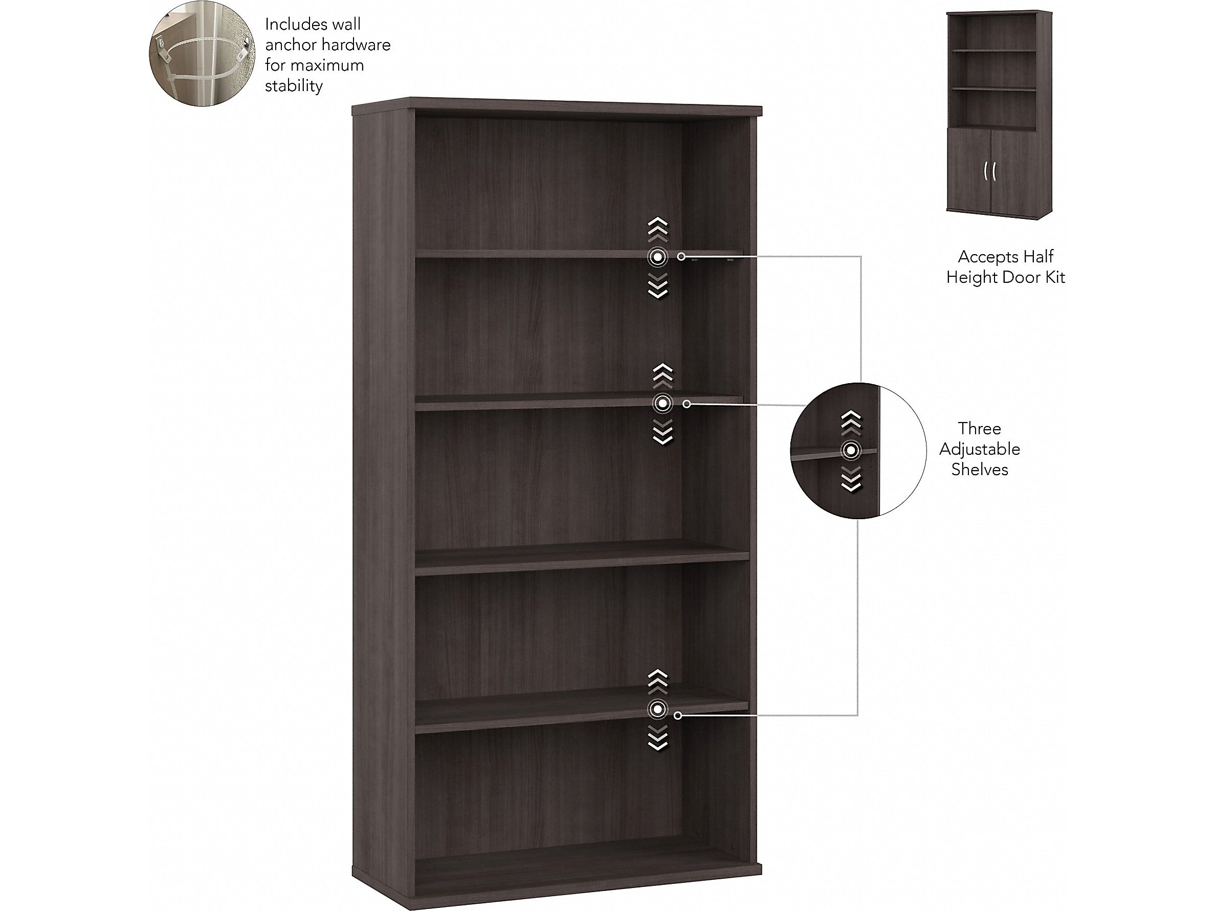 Bush Business Furniture Hybrid 73"H 5-Shelf Bookcase with Doors, Storm Gray Laminated Wood