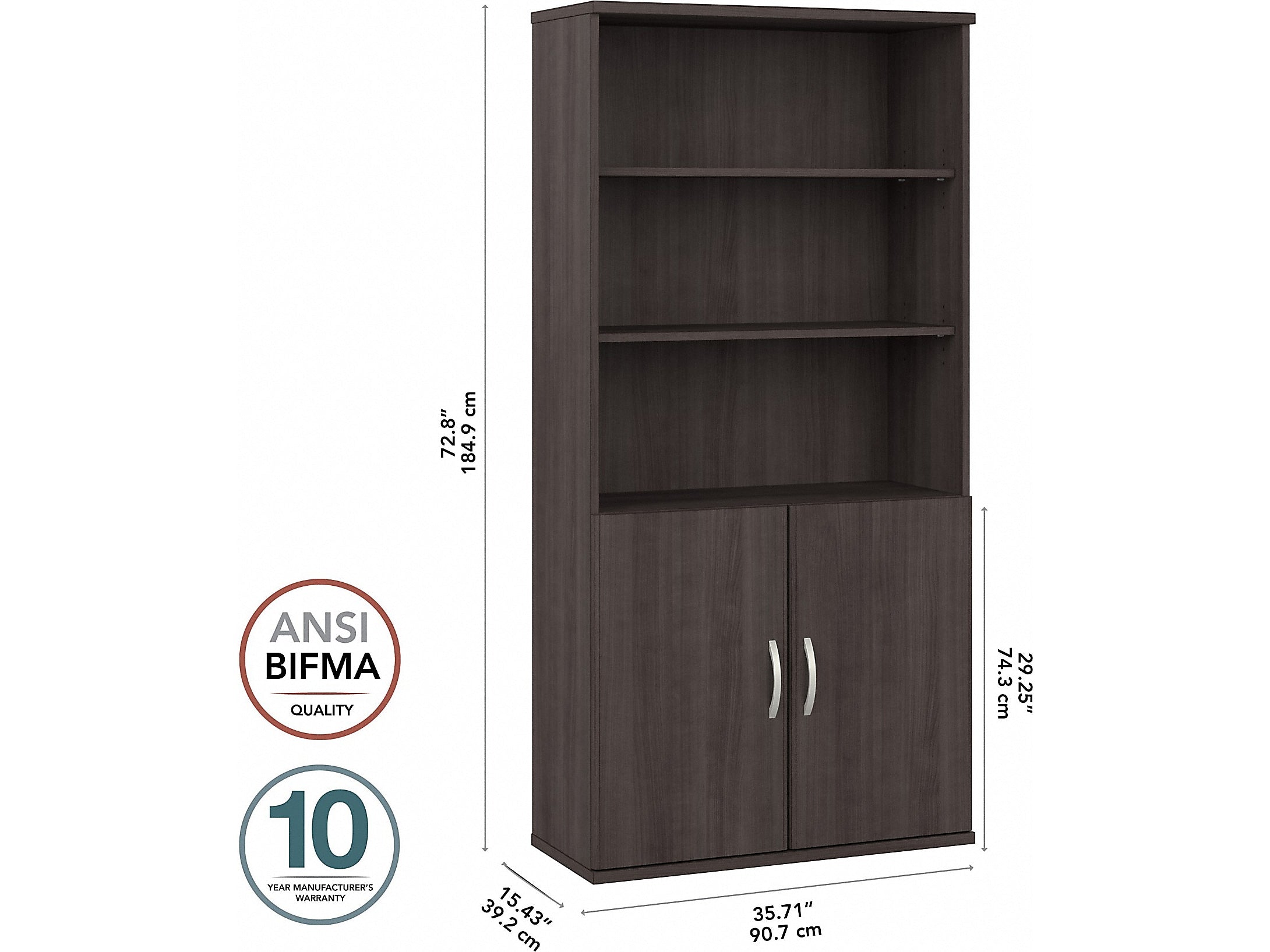 Bush Business Furniture Hybrid 73"H 5-Shelf Bookcase with Doors, Storm Gray Laminated Wood