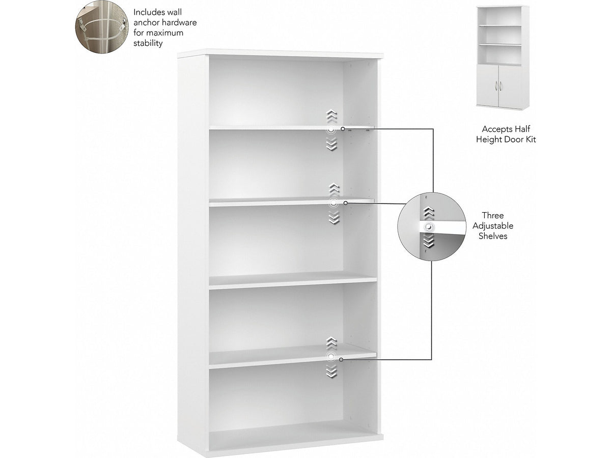 Bush Business Furniture Hybrid 73"H 5-Shelf Bookcase with Doors, White Laminated Wood