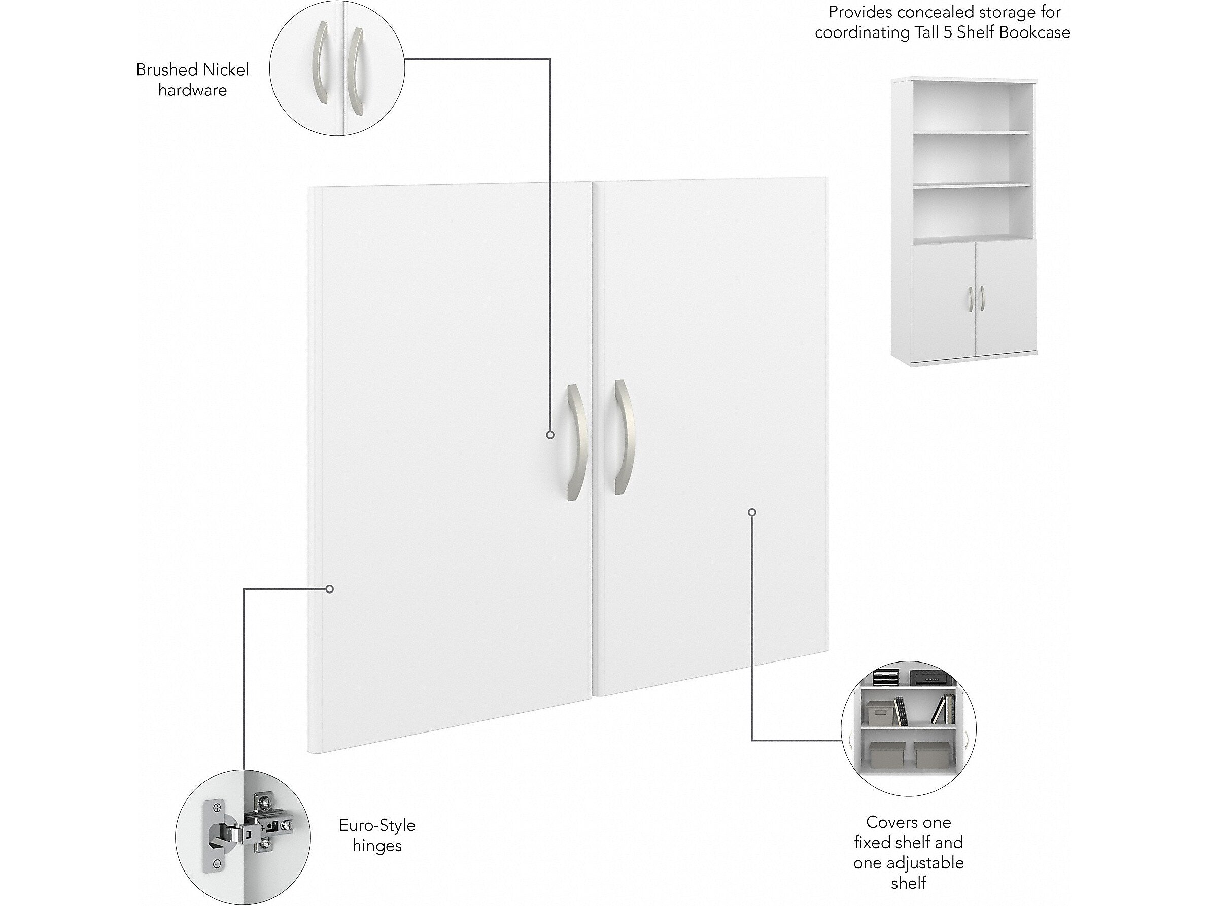 Bush Business Furniture Hybrid 73"H 5-Shelf Bookcase with Doors, White Laminated Wood