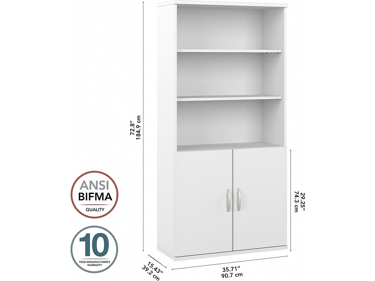 Bush Business Furniture Hybrid 73"H 5-Shelf Bookcase with Doors, White Laminated Wood