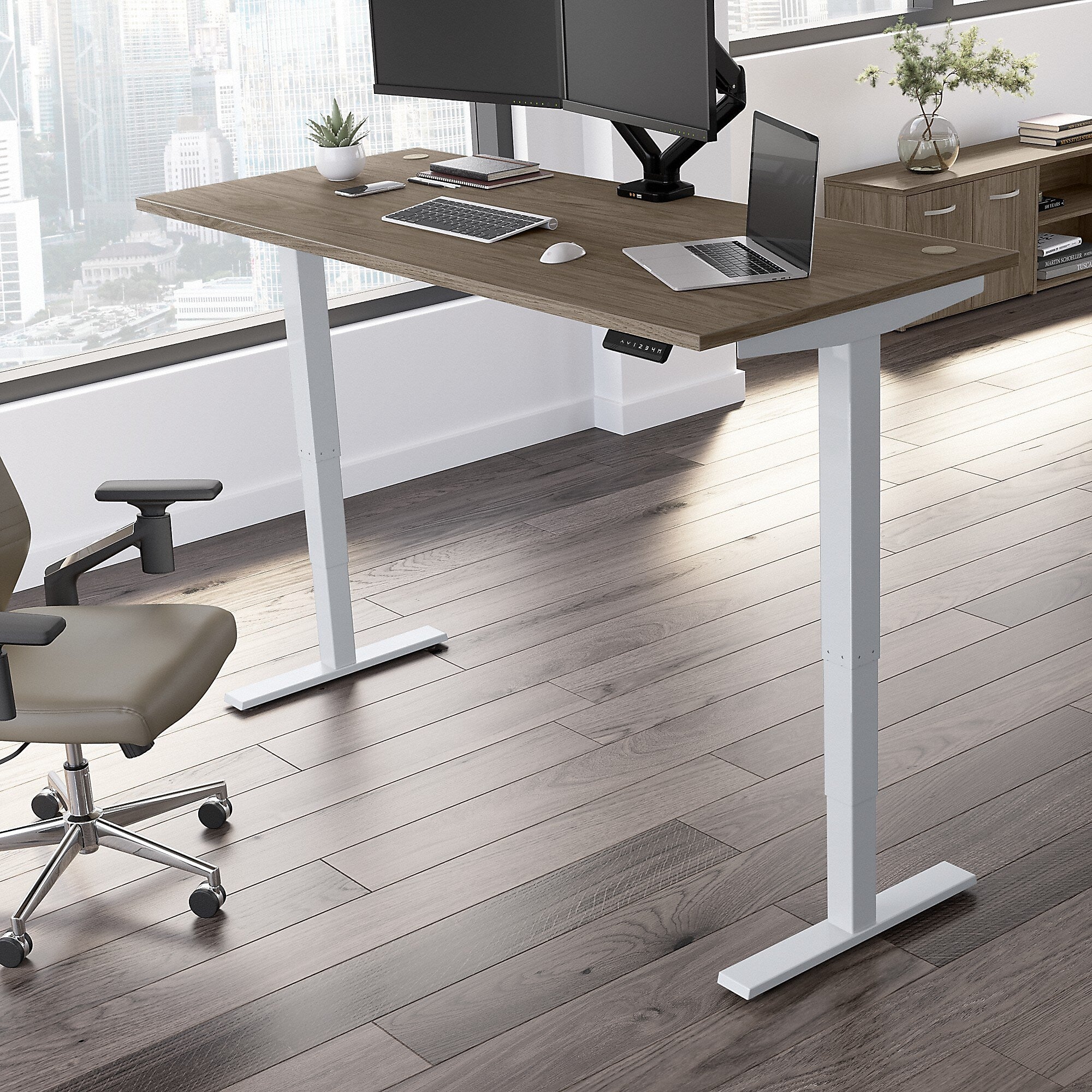 Bush Business Furniture Move 40 Series 72"W Electric Height Adjustable Standing Desk, Modern Hickory/Cool Gray