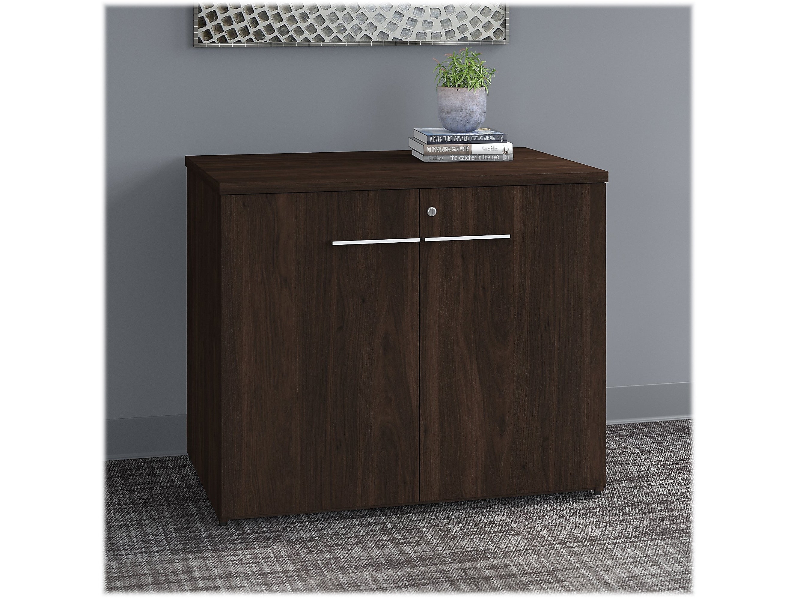 Bush Business Furniture Office 500 29.82"H Storage Cabinet with 2 Shelves, Black Walnut