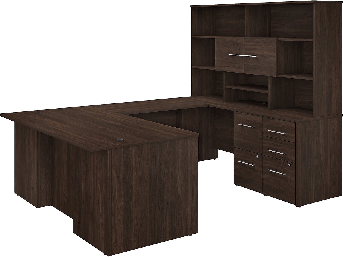 Bush Business Furniture Office 500 72"W U Shaped Executive Desk with Drawers and Hutch, Black Walnut