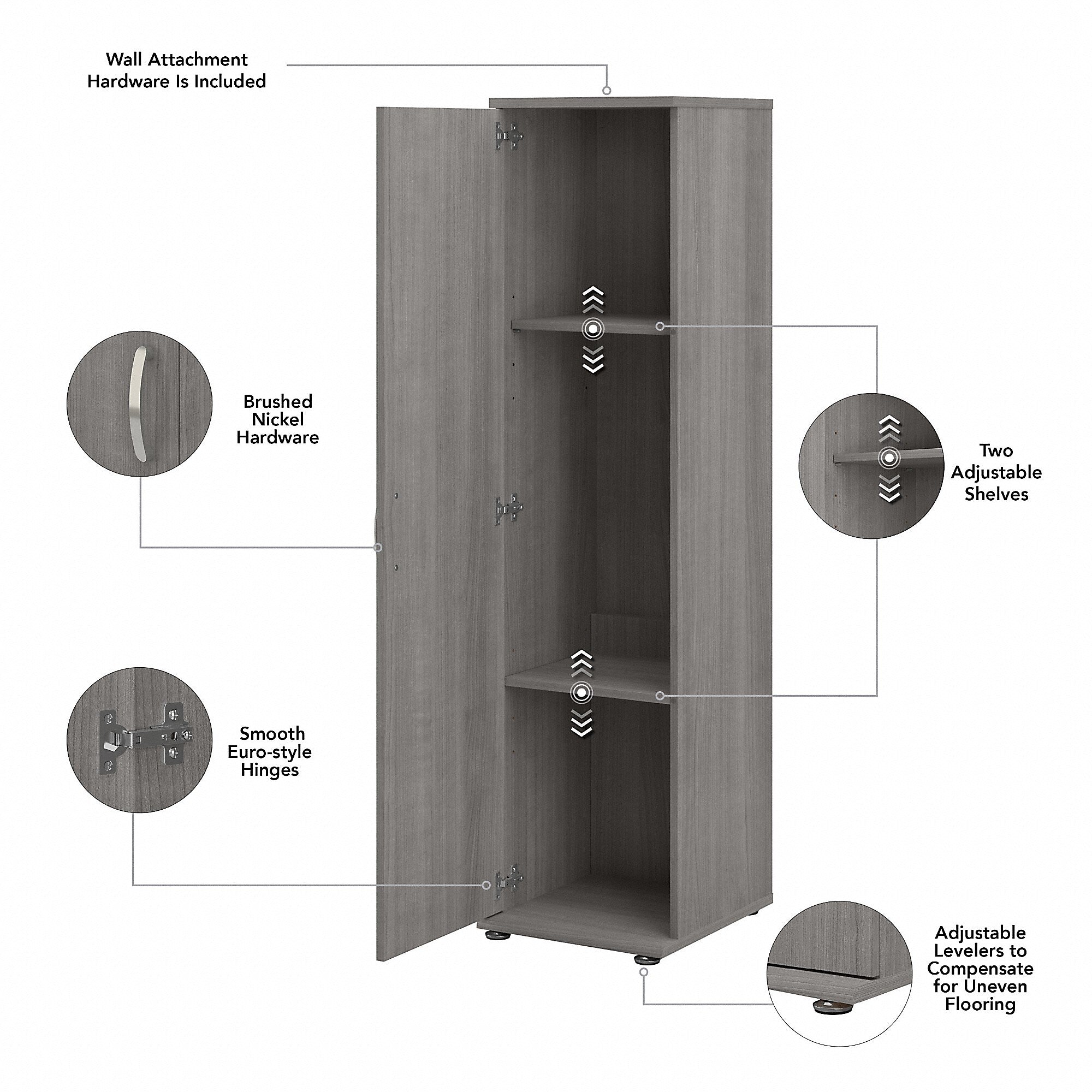 Bush Business Furniture Universal 62" Tall Narrow Storage Cabinet with Door and 3 Shelves, Platinum Gray