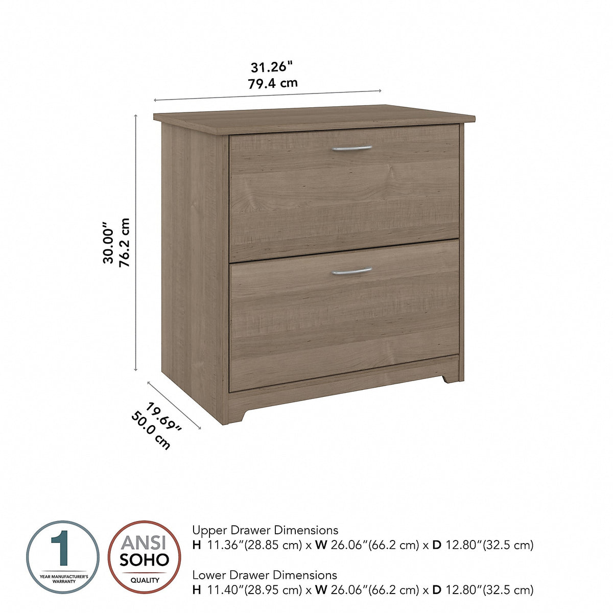 Bush Furniture Cabot 2-Drawer Lateral File Cabinet, Letter/Legal, Ash Gray, 31"