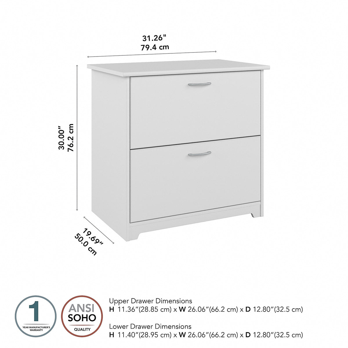 Bush Furniture Cabot 2-Drawer Lateral File Cabinet, Not Assembled, Letter/Legal, White, 31.26"W