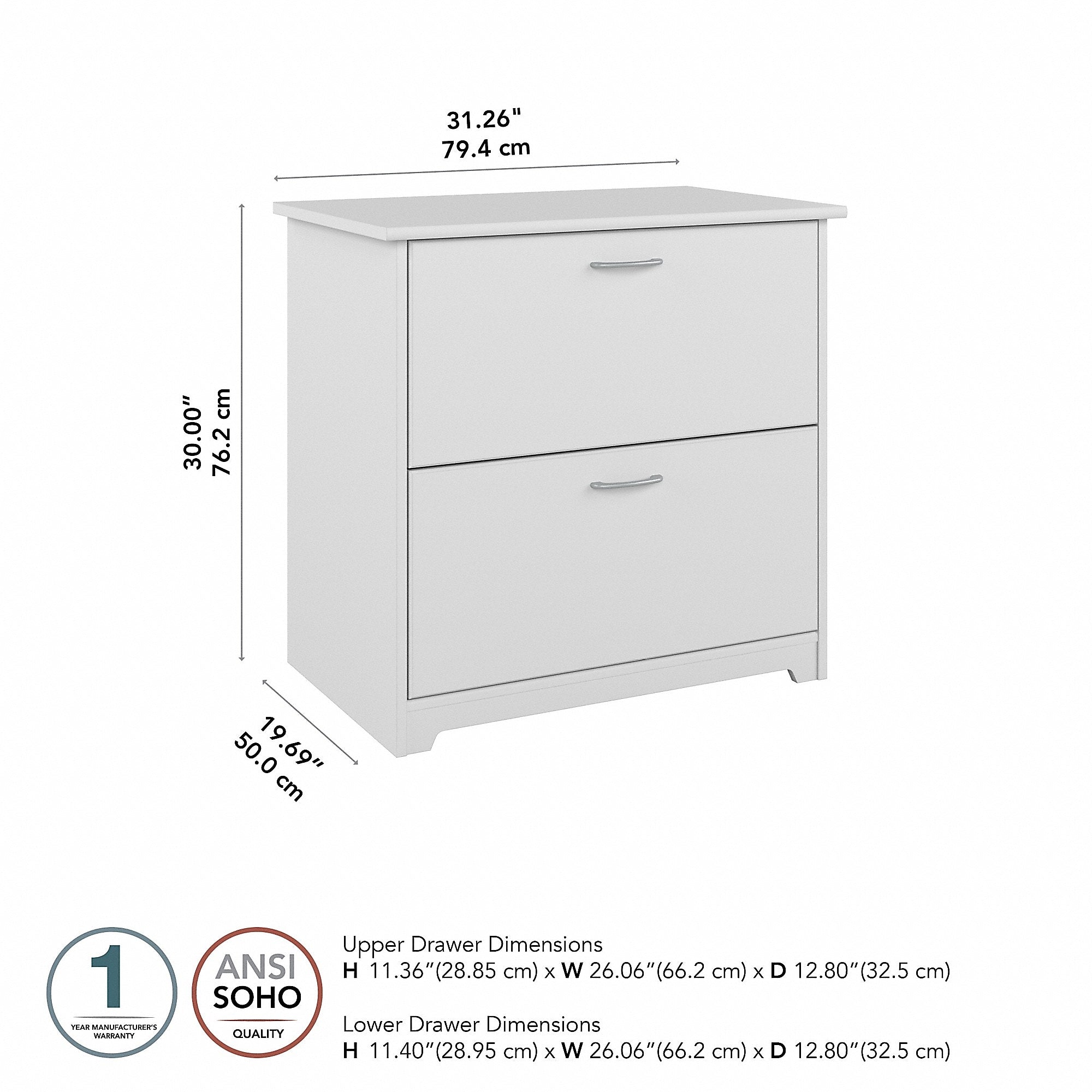 Bush Furniture Cabot 2-Drawer Lateral File Cabinet, Not Assembled, Letter/Legal, White, 31.26"W