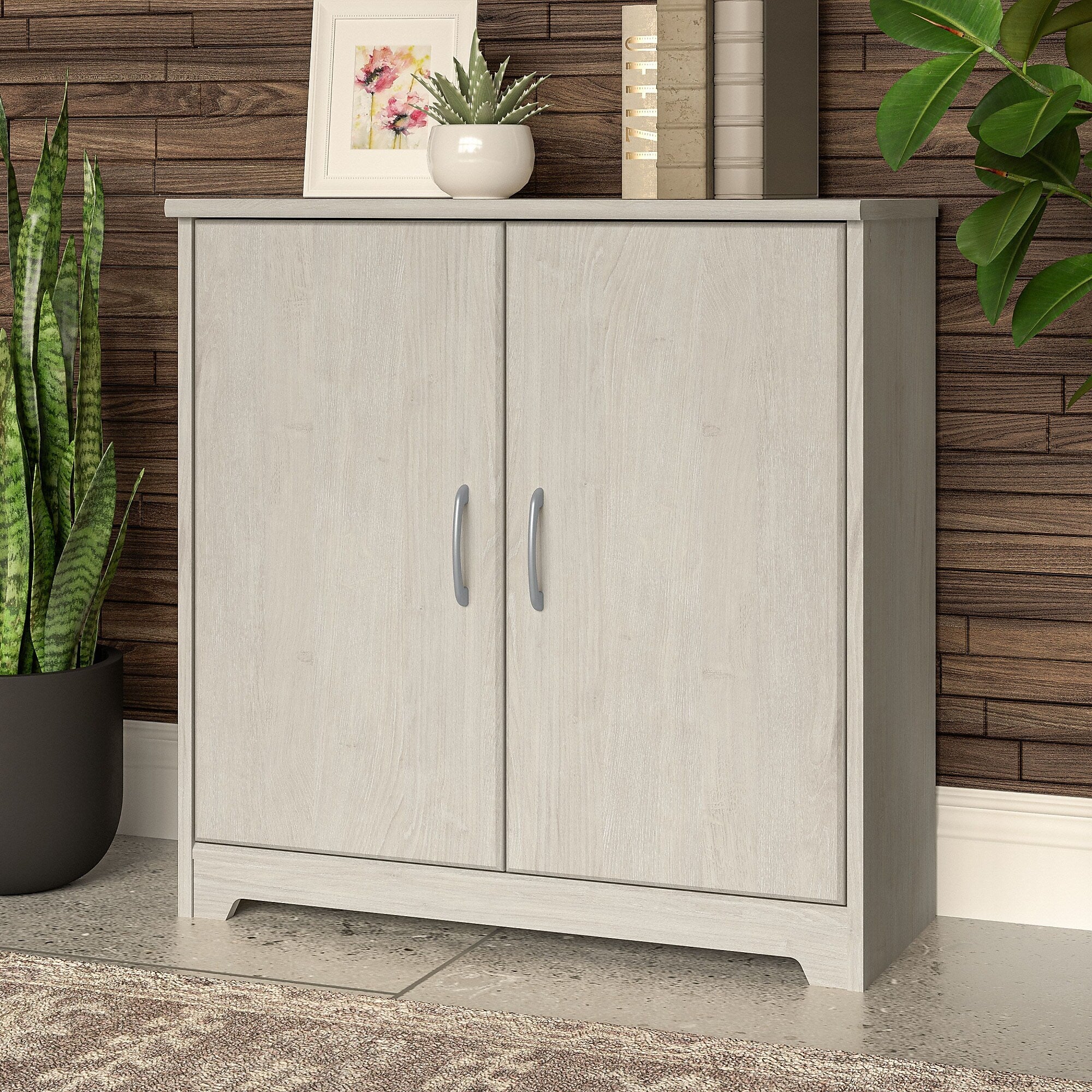 Bush Furniture Cabot 30H Storage Cabinet with 2 Shelves, Linen White Oak