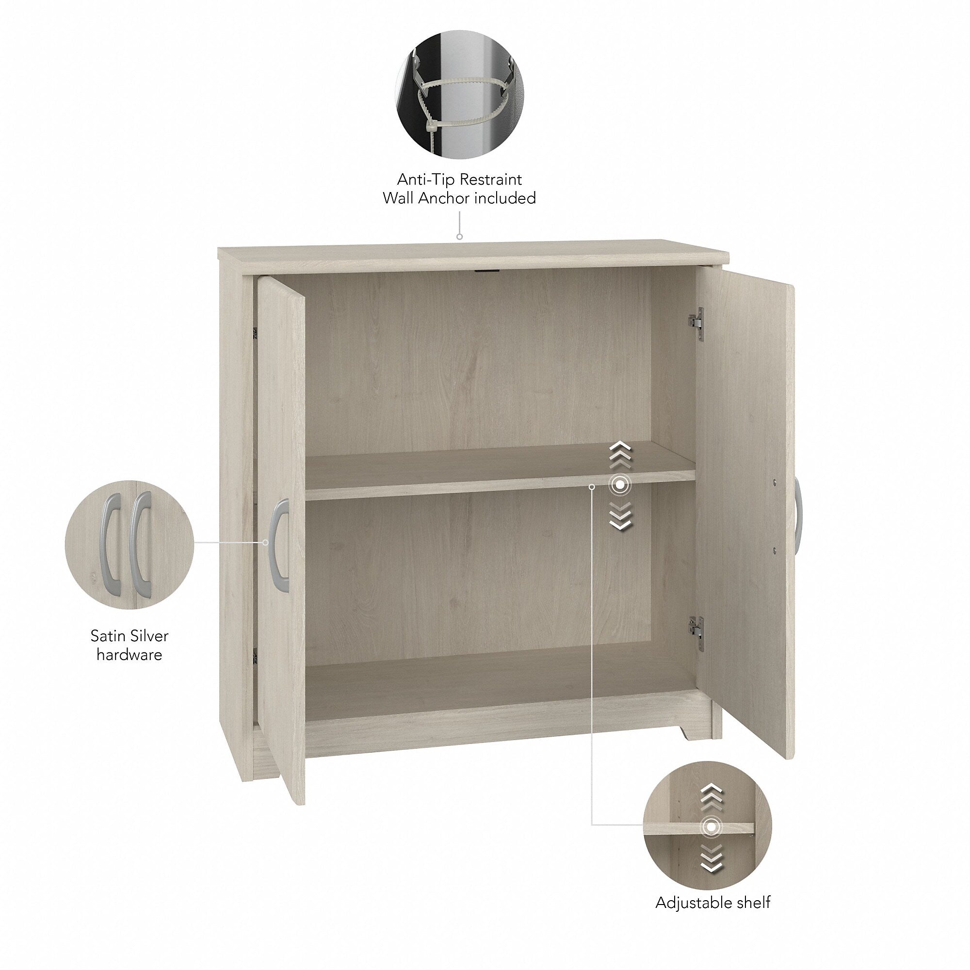 Bush Furniture Cabot 30H Storage Cabinet with 2 Shelves, Linen White Oak