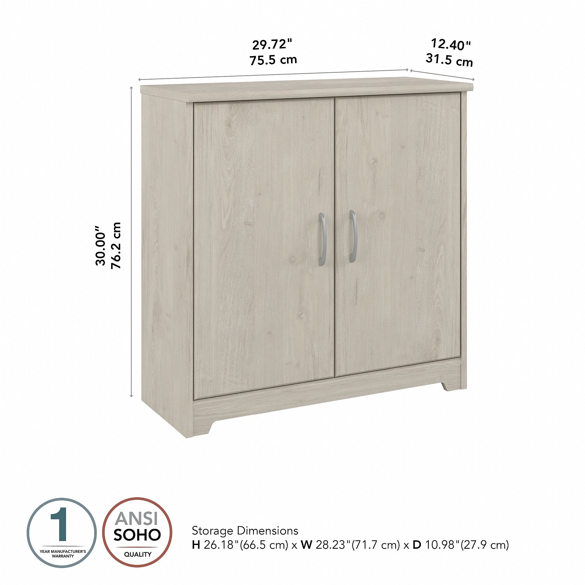 Bush Furniture Cabot 30H Storage Cabinet with 2 Shelves, Linen White Oak