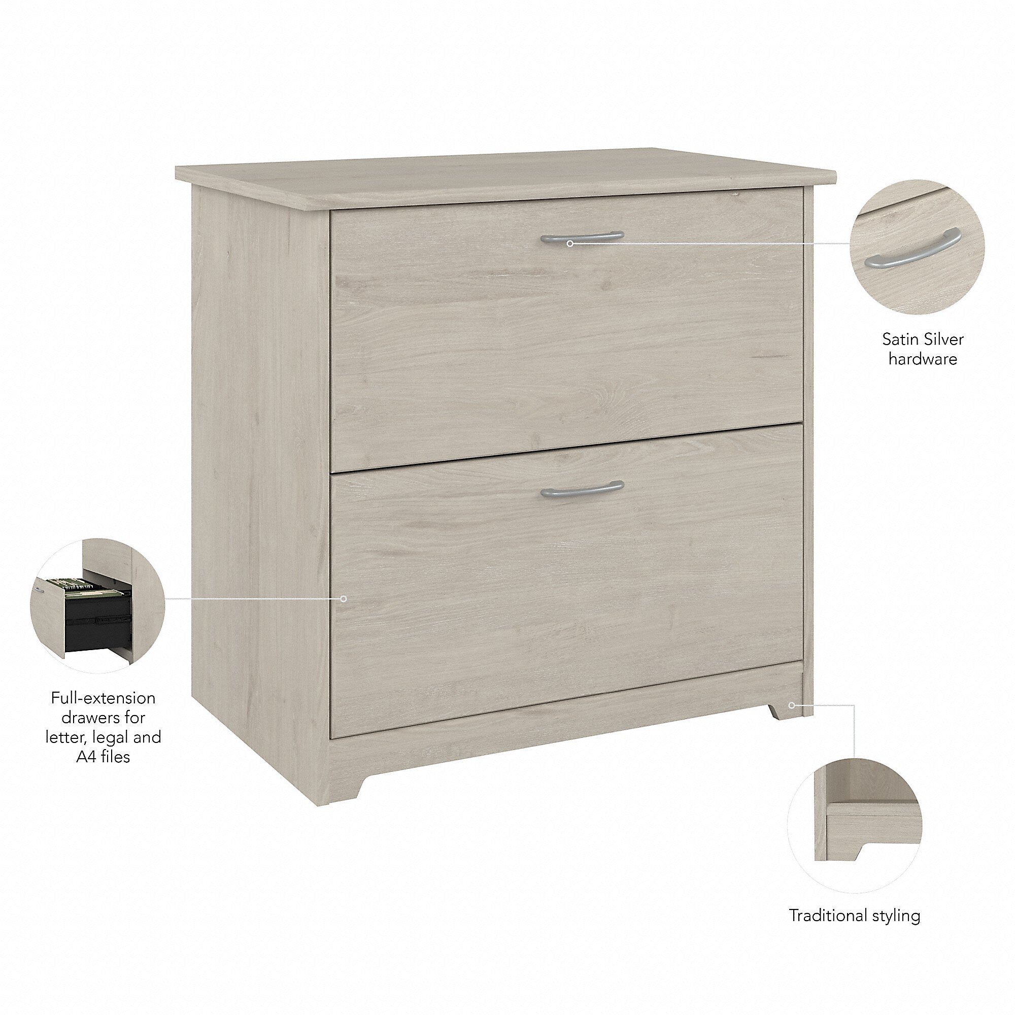 Bush Furniture Cabot 31"W 2-Drawer Lateral File Cabinet, Letter/Legal, Linen White Oak