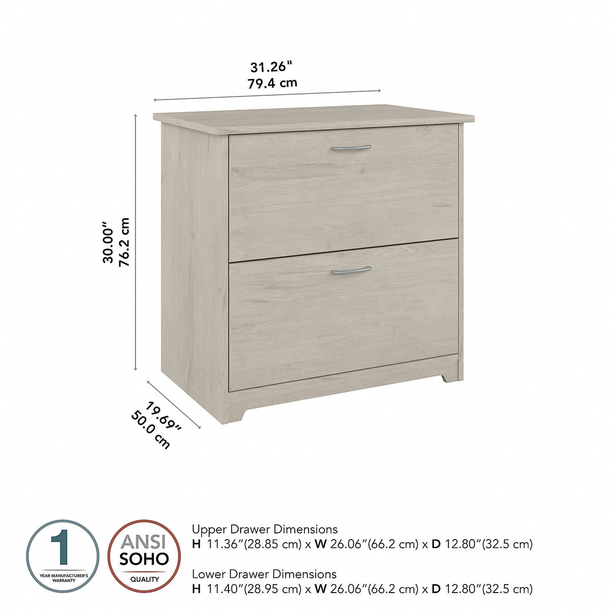 Bush Furniture Cabot 31"W 2-Drawer Lateral File Cabinet, Letter/Legal, Linen White Oak