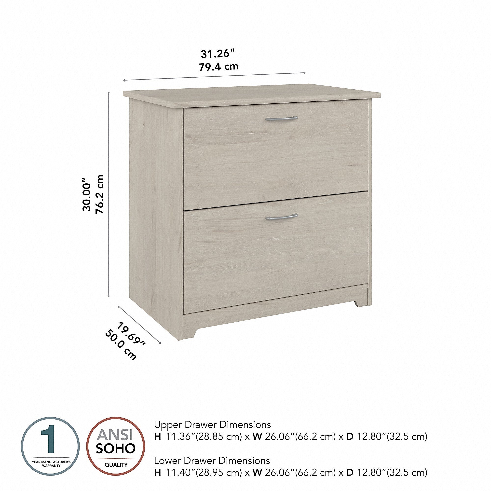 Bush Furniture Cabot 31"W 2-Drawer Lateral File Cabinet, Letter/Legal, Linen White Oak