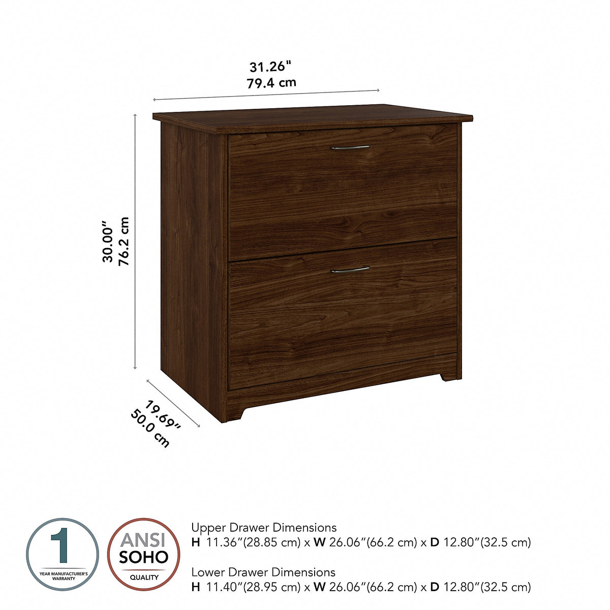 Bush Furniture Cabot 31"W 2-Drawer Lateral File Cabinet, Letter/Legal, Modern Walnut