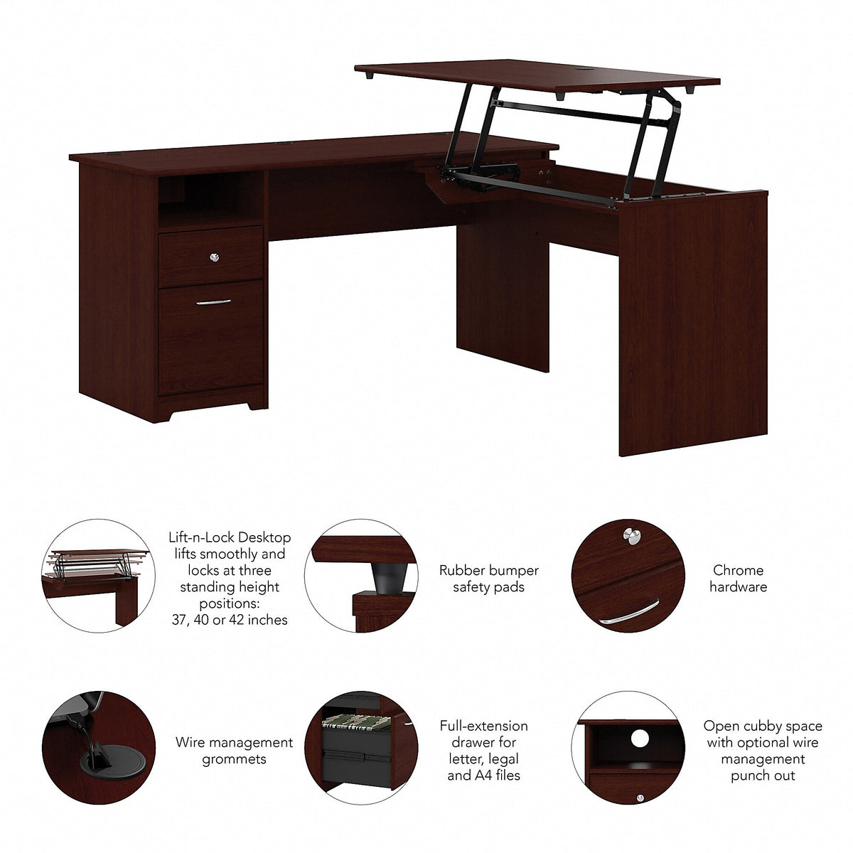 Bush Furniture Cabot 60"W 3 Position L Shaped Sit to Stand Desk, Harvest Cherry