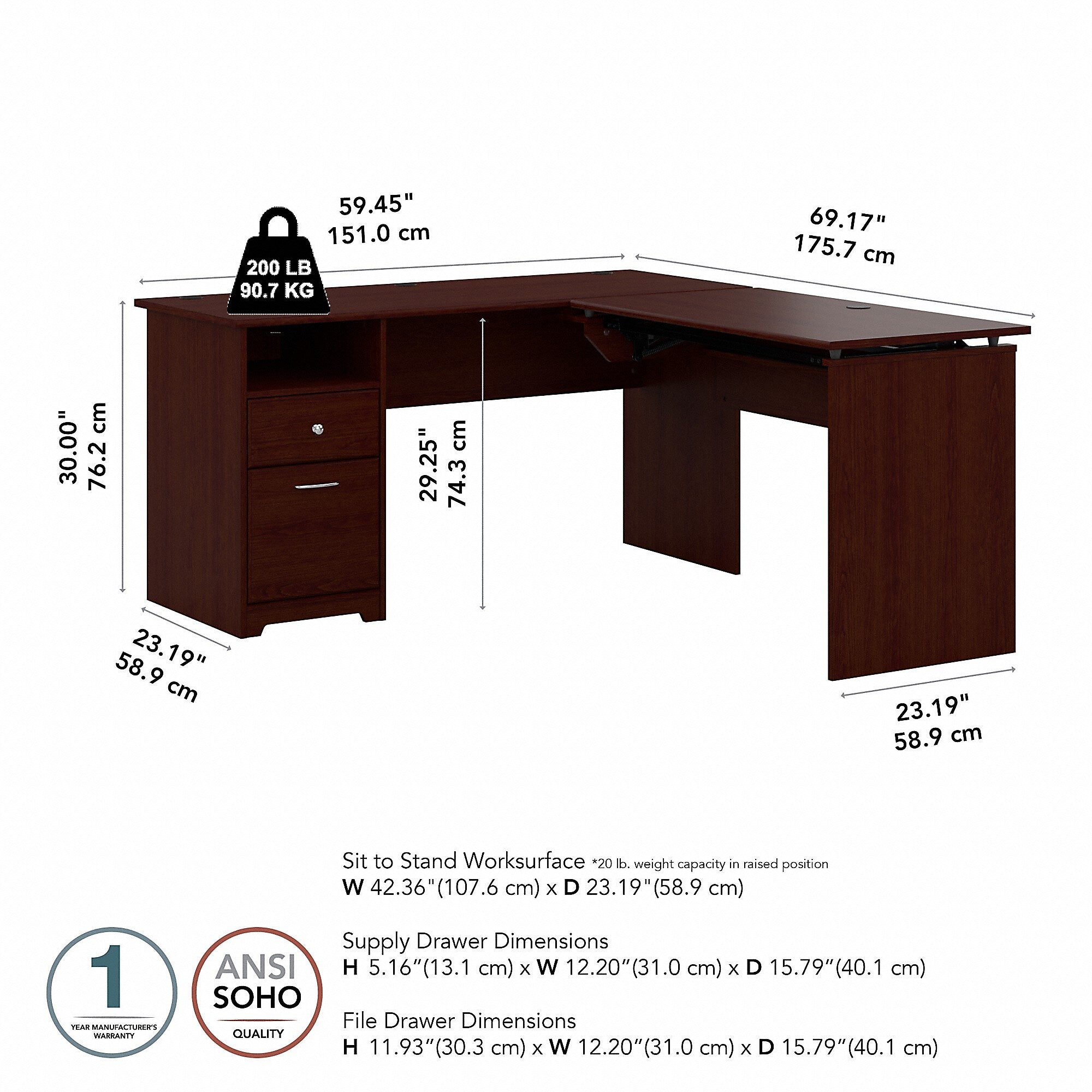 Bush Furniture Cabot 60"W 3 Position L Shaped Sit to Stand Desk, Harvest Cherry