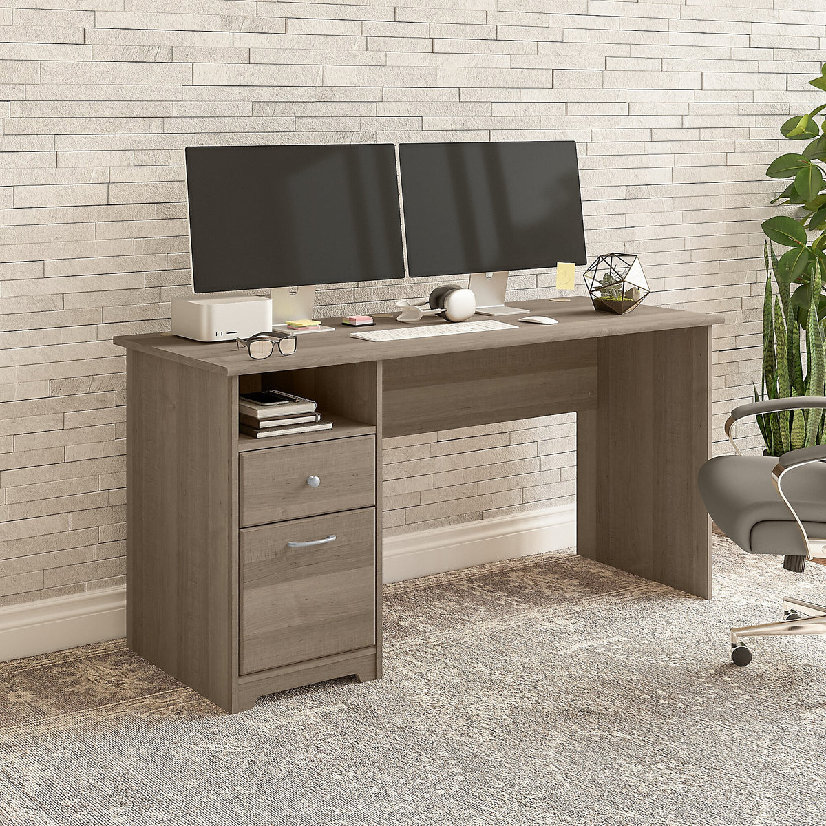 Bush Furniture Cabot 60"W Computer Desk with Drawers, Ash Gray