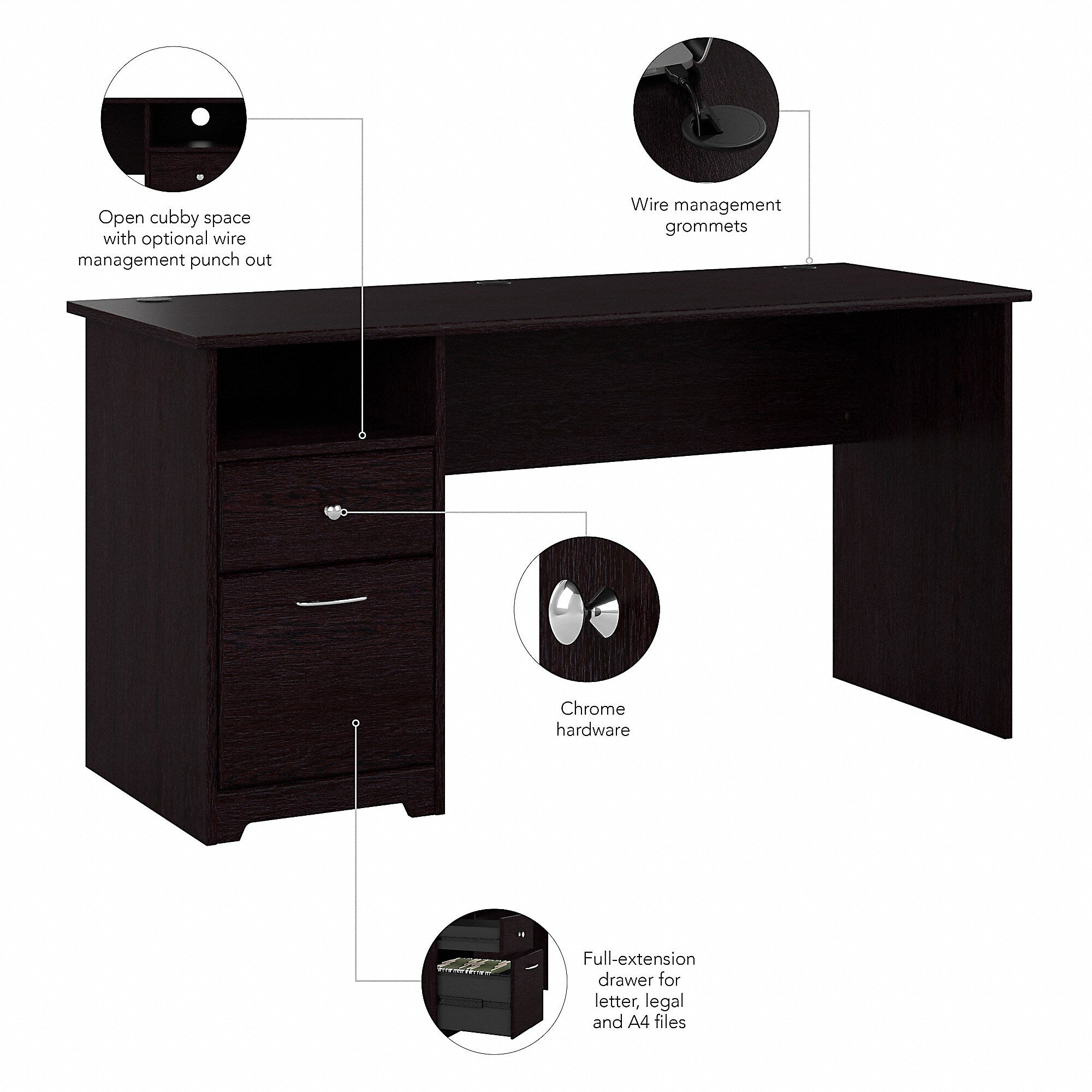 Bush Furniture Cabot 60"W Computer Desk with Drawers, Espresso Oak